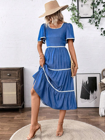 Contrast Trim Short Sleeve Ruffle Hem Vacation Casual Dress