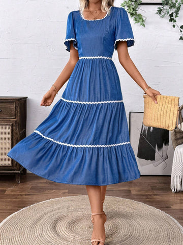 Contrast Trim Short Sleeve Ruffle Hem Vacation Casual Dress