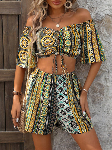 Crop Top & Shorts Set With All-Over Print And Dropped Shoulder Design
