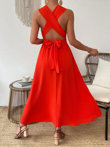 Cross Back Halter Neck Tie Waist Dress