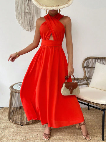 Cross Back Halter Neck Tie Waist Dress