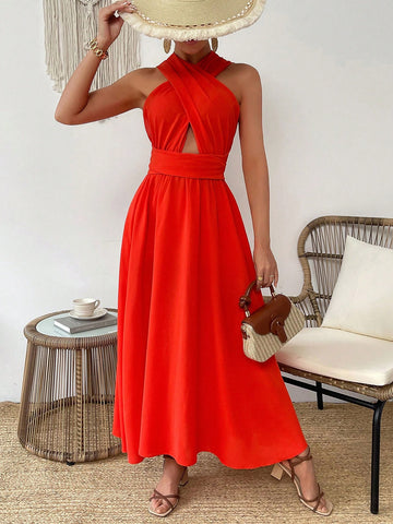 Cross Back Halter Neck Tie Waist Dress