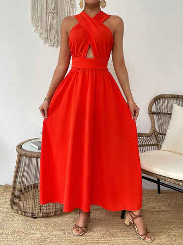 Cross Back Halter Neck Tie Waist Dress