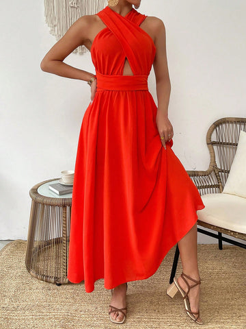 Cross Back Halter Neck Tie Waist Dress