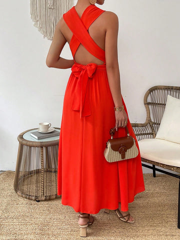 Cross Back Halter Neck Tie Waist Dress
