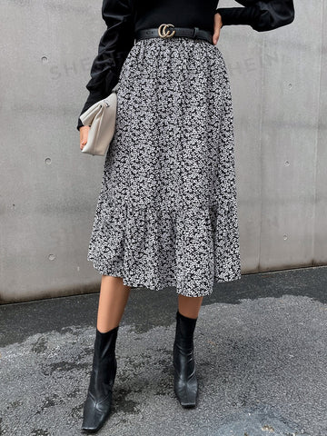 VCAY Ditsy Floral High Waist Ruffle Hem Skirt Without Belt
