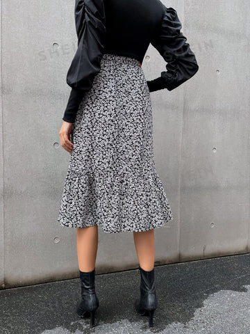 VCAY Ditsy Floral High Waist Ruffle Hem Skirt Without Belt