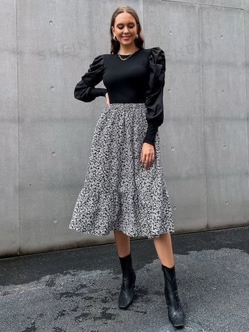 VCAY Ditsy Floral High Waist Ruffle Hem Skirt Without Belt