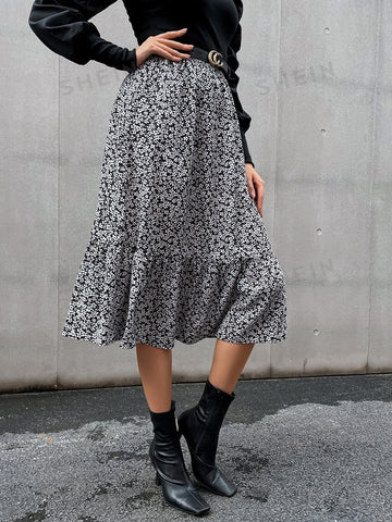 VCAY Ditsy Floral High Waist Ruffle Hem Skirt Without Belt