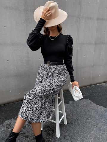 VCAY Ditsy Floral High Waist Ruffle Hem Skirt Without Belt