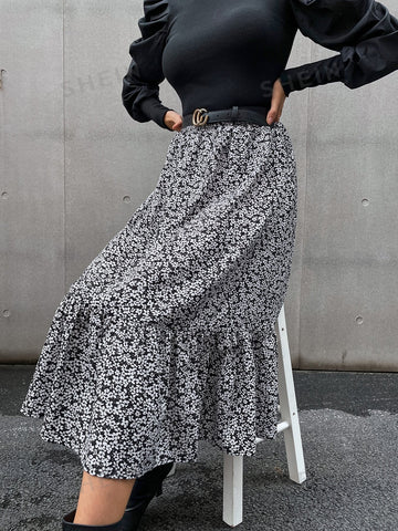 VCAY Ditsy Floral High Waist Ruffle Hem Skirt Without Belt