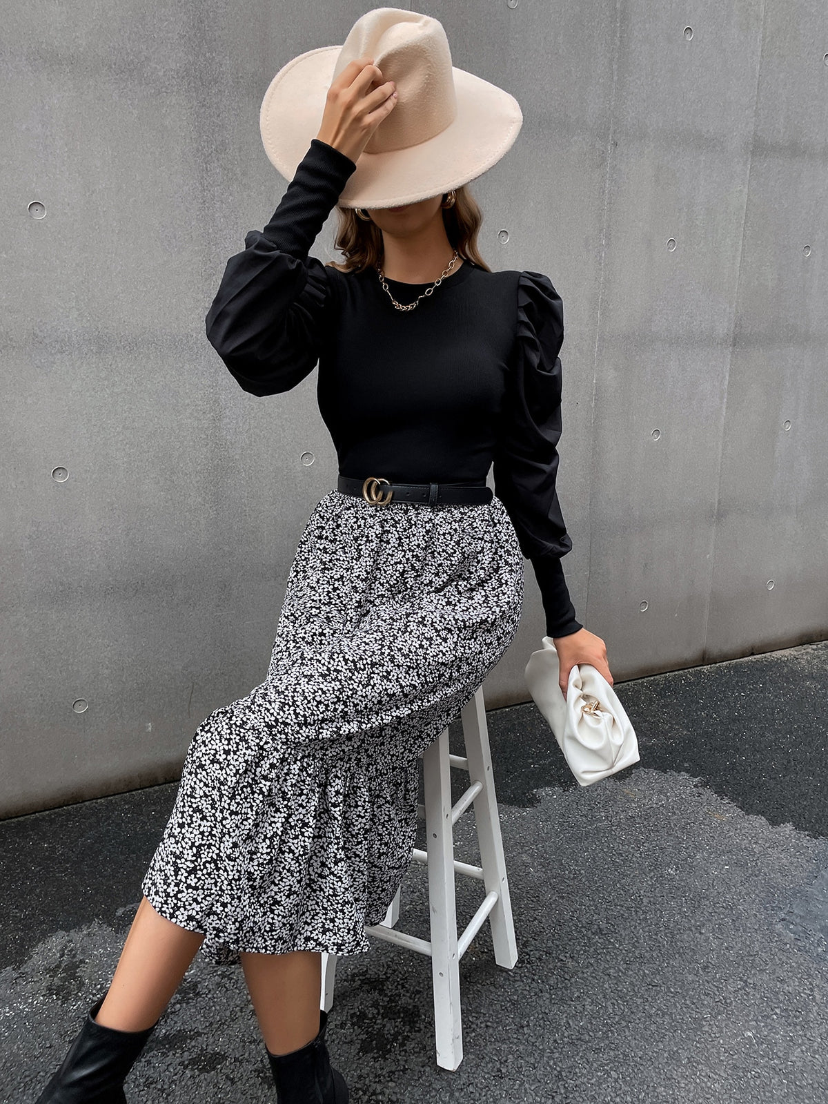 VCAY Ditsy Floral High Waist Ruffle Hem Skirt Without Belt