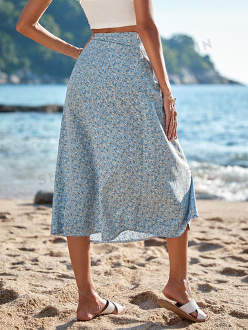 VCAY Ditsy Floral Print Knot Side Wrap Skirt