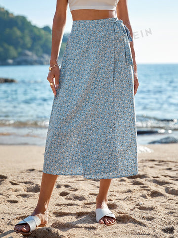 VCAY Ditsy Floral Print Knot Side Wrap Skirt