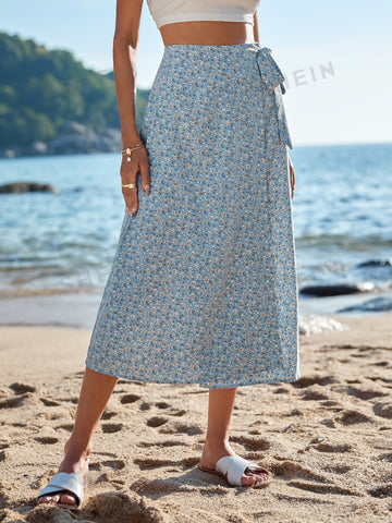 VCAY Ditsy Floral Print Knot Side Wrap Skirt