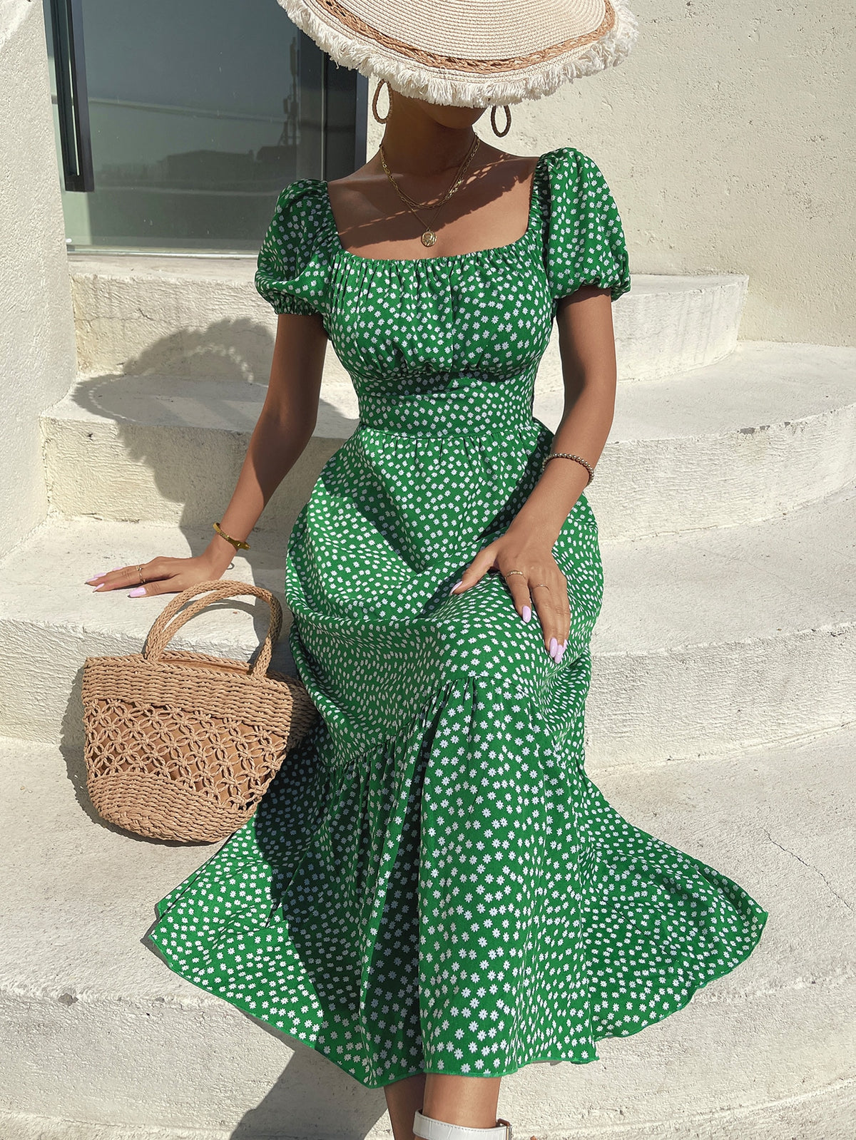 VCAY Ditsy Floral Print Puff Sleeve Ruched Bust Ruffle Hem Dress