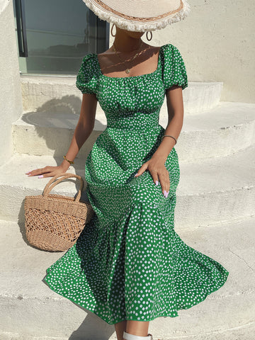 VCAY Ditsy Floral Print Puff Sleeve Ruched Bust Ruffle Hem Dress