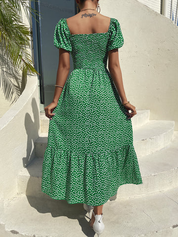 VCAY Ditsy Floral Print Puff Sleeve Ruched Bust Ruffle Hem Dress