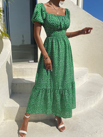 VCAY Ditsy Floral Print Puff Sleeve Ruched Bust Ruffle Hem Dress