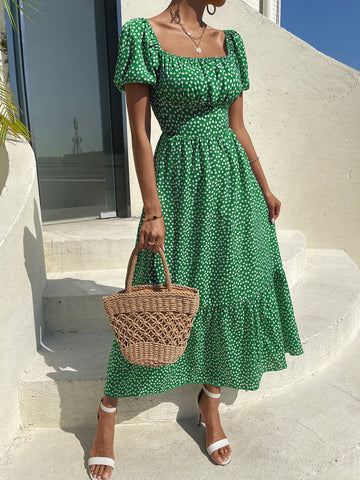 VCAY Ditsy Floral Print Puff Sleeve Ruched Bust Ruffle Hem Dress