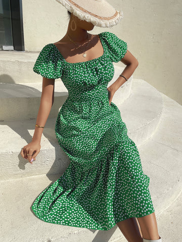 VCAY Ditsy Floral Print Puff Sleeve Ruched Bust Ruffle Hem Dress