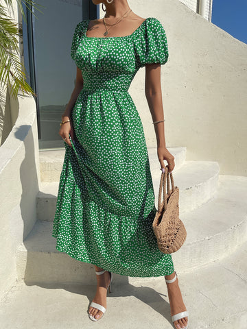 VCAY Ditsy Floral Print Puff Sleeve Ruched Bust Ruffle Hem Dress