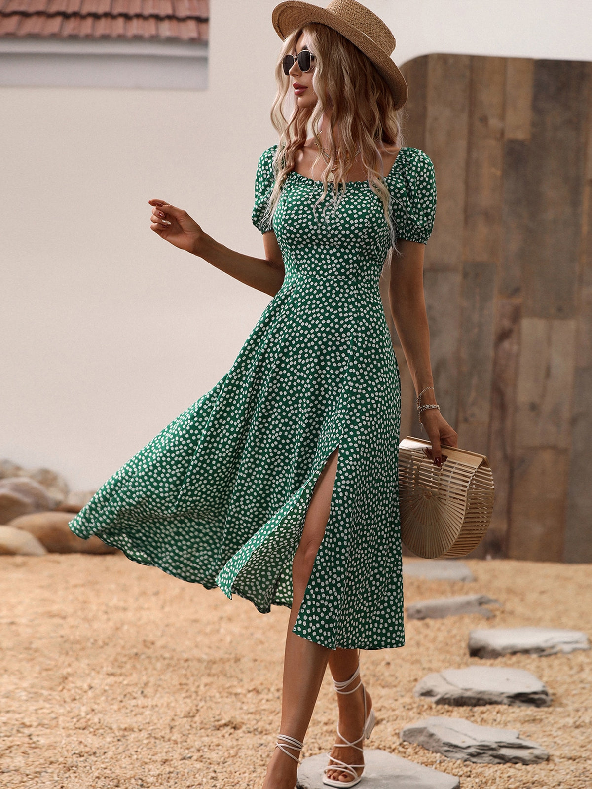 VCAY Ditsy Floral Print Puff Sleeve Split Thigh Dress