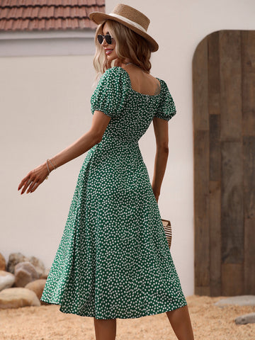 VCAY Ditsy Floral Print Puff Sleeve Split Thigh Dress