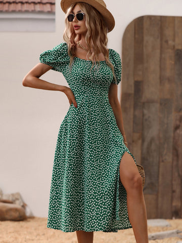 VCAY Ditsy Floral Print Puff Sleeve Split Thigh Dress