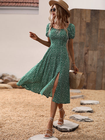 VCAY Ditsy Floral Print Puff Sleeve Split Thigh Dress