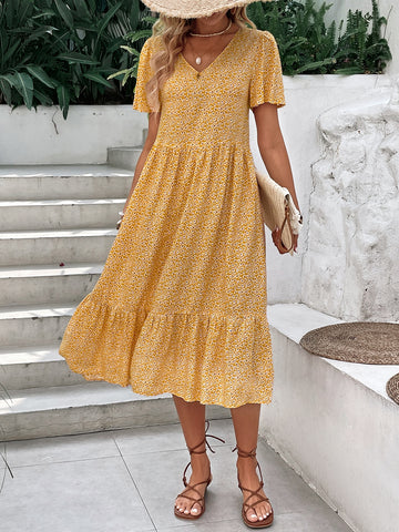 VCAY Ditsy Floral Print Ruffle Hem Dress