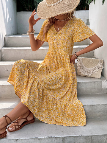 VCAY Ditsy Floral Print Ruffle Hem Dress