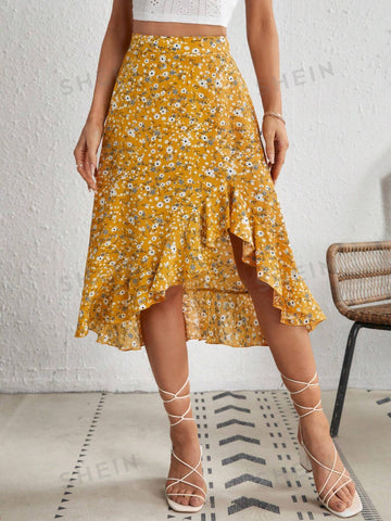 VCAY Ditsy Floral Print Ruffle Hem Skirt