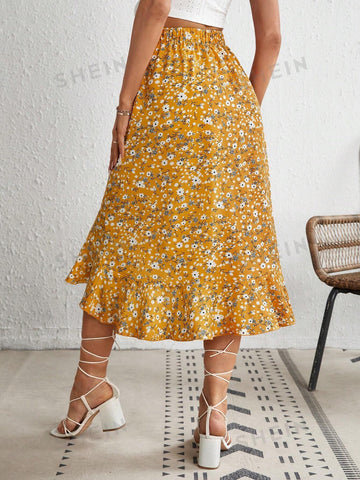 VCAY Ditsy Floral Print Ruffle Hem Skirt