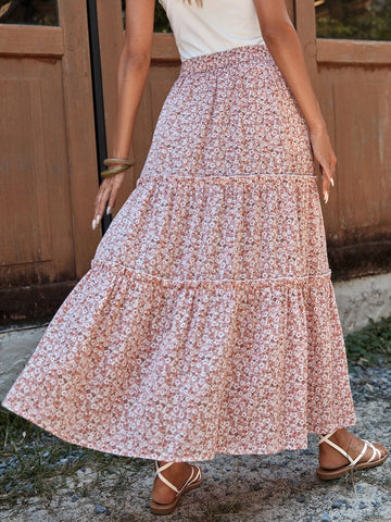 VCAY Ditsy Floral Print Ruffle Hem Skirt