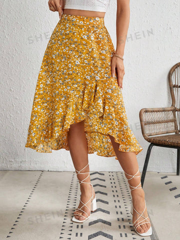 VCAY Ditsy Floral Print Ruffle Hem Skirt