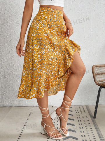 VCAY Ditsy Floral Print Ruffle Hem Skirt