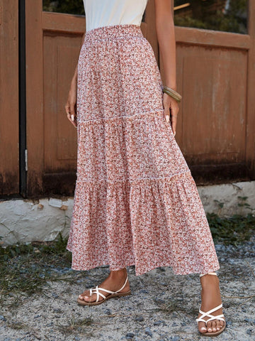 VCAY Ditsy Floral Print Ruffle Hem Skirt