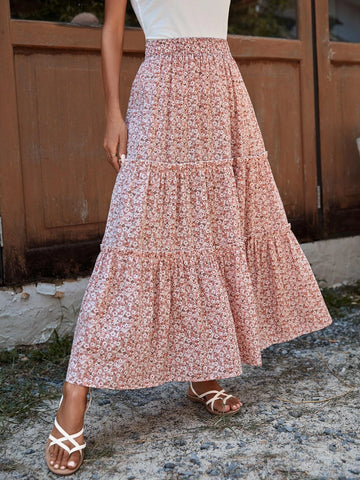 VCAY Ditsy Floral Print Ruffle Hem Skirt