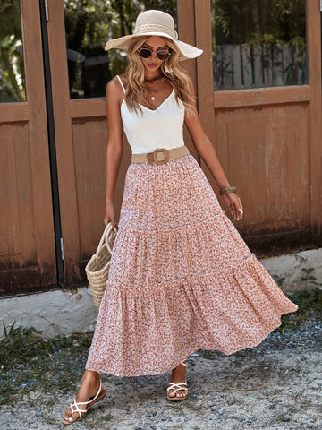 VCAY Ditsy Floral Print Ruffle Hem Skirt