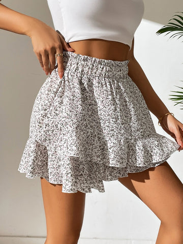 VCAY Ditsy Floral Ruffle Hem Paperbag Waist Skort