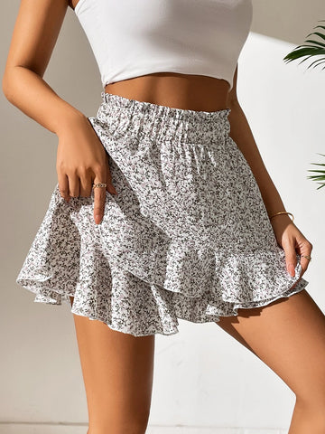 VCAY Ditsy Floral Ruffle Hem Paperbag Waist Skort