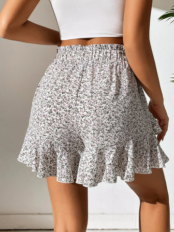 VCAY Ditsy Floral Ruffle Hem Paperbag Waist Skort
