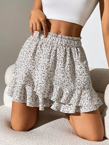 VCAY Ditsy Floral Ruffle Hem Paperbag Waist Skort
