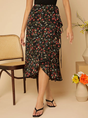 VCAY Ditsy Floral Ruffle Trim Wrap Knot Skirt