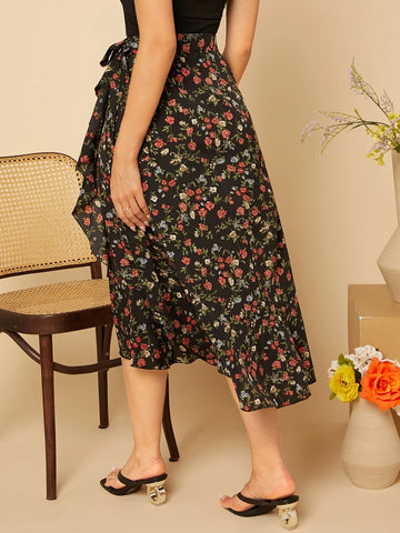 VCAY Ditsy Floral Ruffle Trim Wrap Knot Skirt