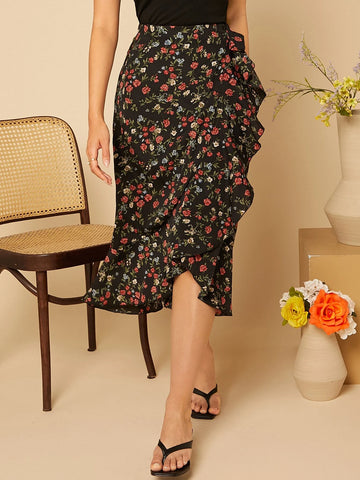 VCAY Ditsy Floral Ruffle Trim Wrap Knot Skirt