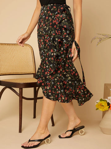VCAY Ditsy Floral Ruffle Trim Wrap Knot Skirt