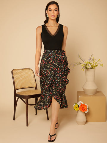VCAY Ditsy Floral Ruffle Trim Wrap Knot Skirt