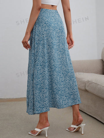 VCAY Ditsy Floral Split Thigh Knot Side Wrap Skirt
